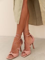 Camel Signature Leather Strappy Wrap Heels - Image 1 of 8