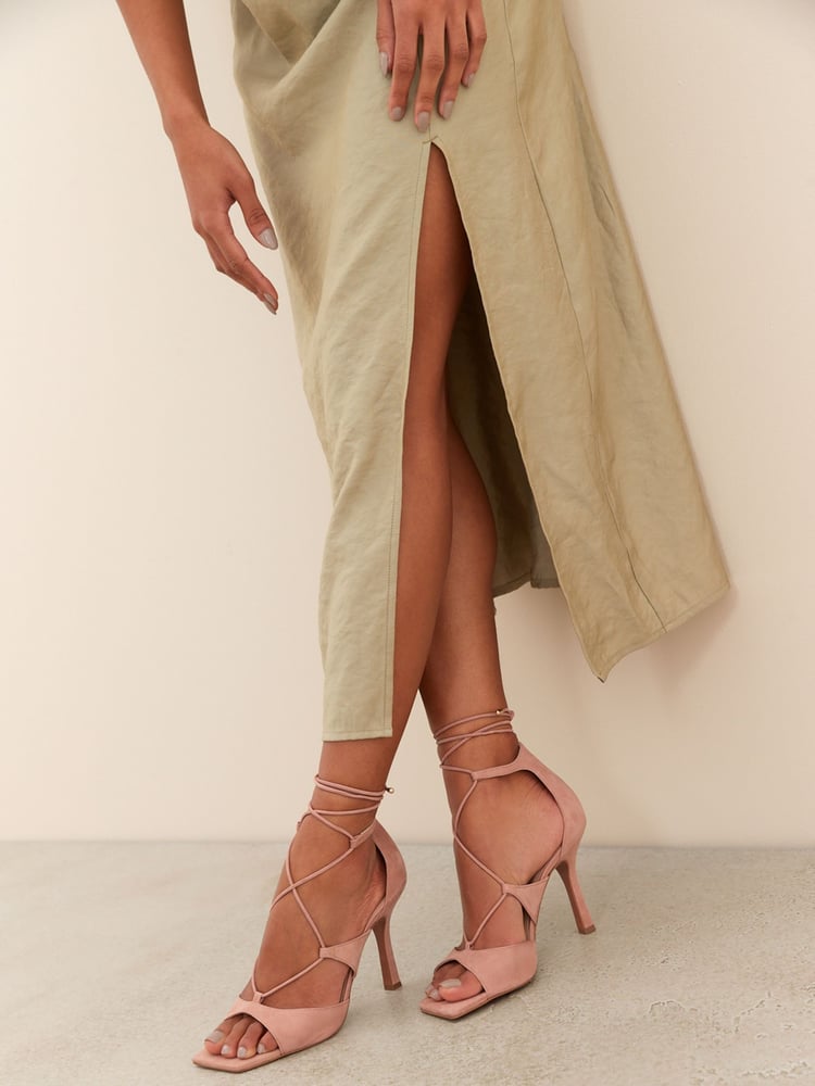 Camel Signature Leather Strappy Wrap Heels - Image 2 of 8 Camel Signature Leather Strappy Wrap Heels - Image 2 of 8