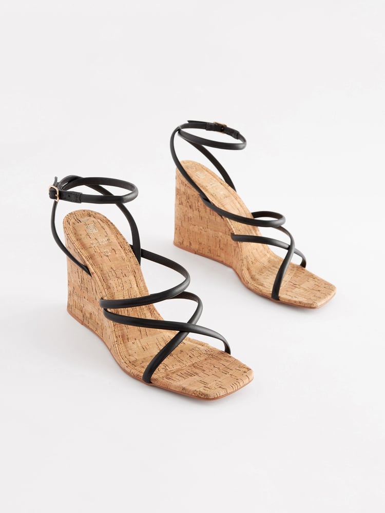 Black Signature Leather Strappy Cork Wedges - Image 1 of 5 Black Signature Leather Strappy Cork Wedges - Image 1 of 5