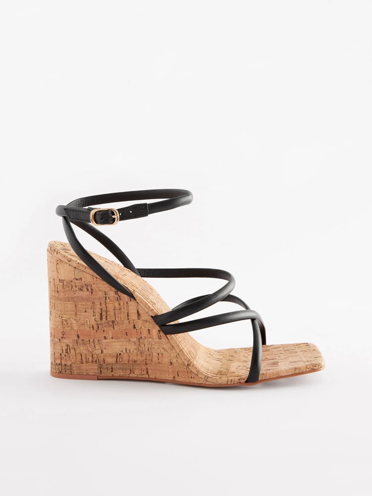 Black Signature Leather Strappy Cork Wedges - Image 2 of 5 Black Signature Leather Strappy Cork Wedges - Image 2 of 5