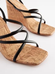 Black Signature Leather Strappy Cork Wedges - Image 3 of 5