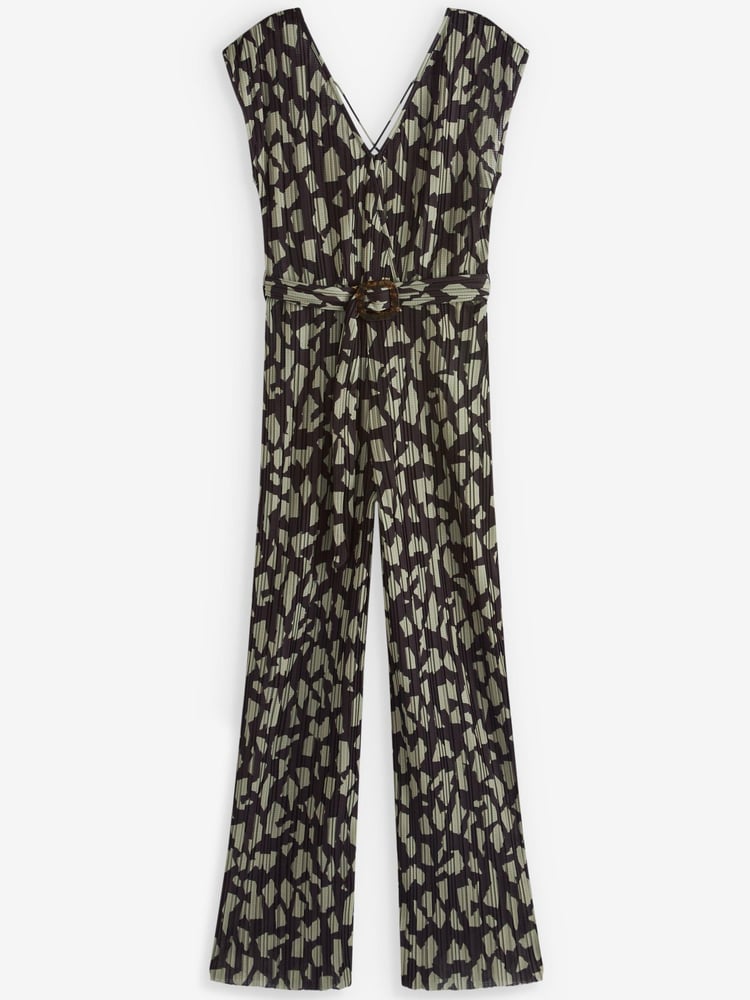 Black/Neutral Print Plissé Belted Jumpsuit - Image 2 of 2