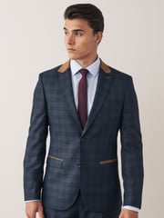 Blue Slim Fit Trimmed Check Suit: Jacket - Image 1 of 9