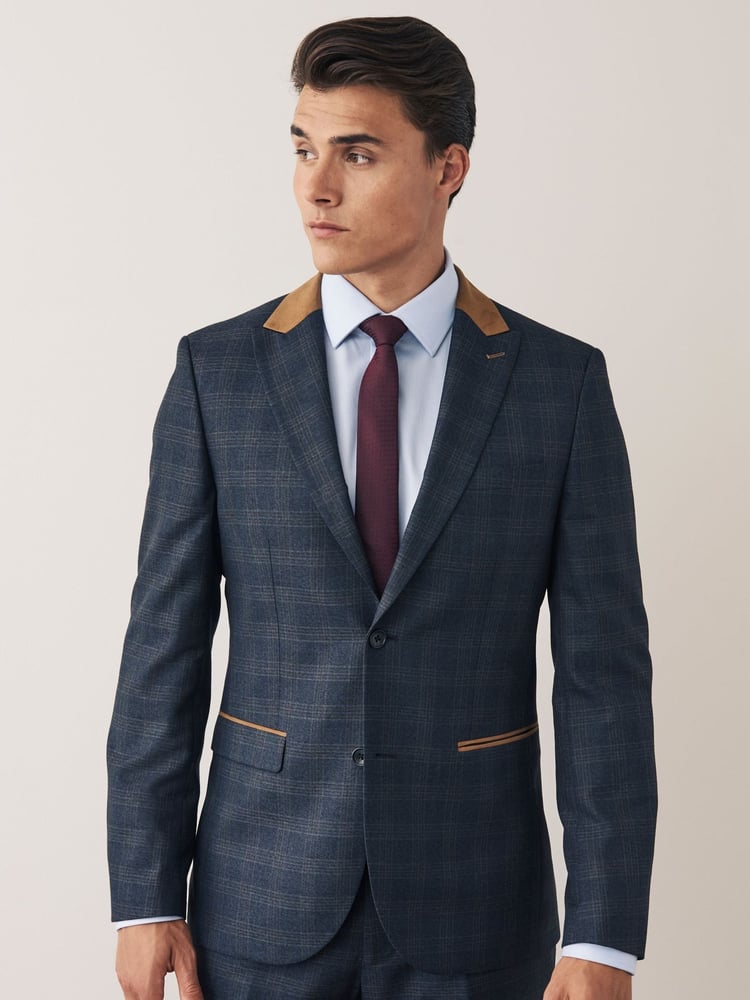Blue Slim Fit Trimmed Check Suit: Jacket - Image 1 of 9