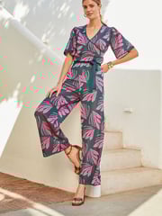 Green/Pink Jacquard Angel Sleeve Jumpsuit - Image 1 of 2