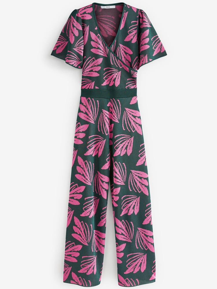 Green/Pink Jacquard Angel Sleeve Jumpsuit - Image 2 of 2