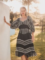 Black Textured Print Volume Sleeve Midi Dress - Image 1 of 6