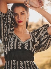 Black Textured Print Volume Sleeve Midi Dress - Image 3 of 6