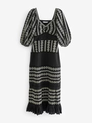 Black Textured Print Volume Sleeve Midi Dress - Image 5 of 6