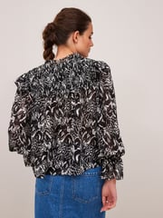 Black and White Feather Print Ruffle Shirred Long Sleeve Blouse - Image 2 of 5