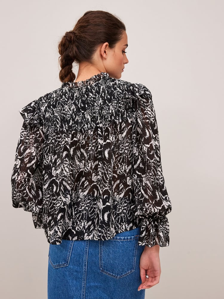 Black and White Feather Print Ruffle Shirred Long Sleeve Blouse - Image 2 of 5