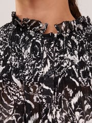 Black and White Feather Print Ruffle Shirred Long Sleeve Blouse - Image 3 of 5
