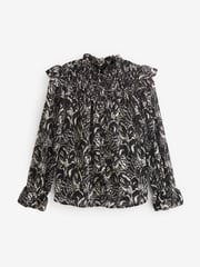 Black and White Feather Print Ruffle Shirred Long Sleeve Blouse - Image 4 of 5