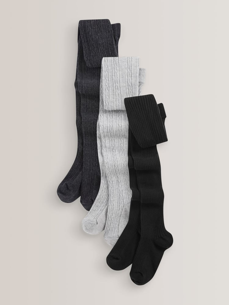 Black/Grey 3 Pack Cotton Rich Cable Tights - Image 1 of 4