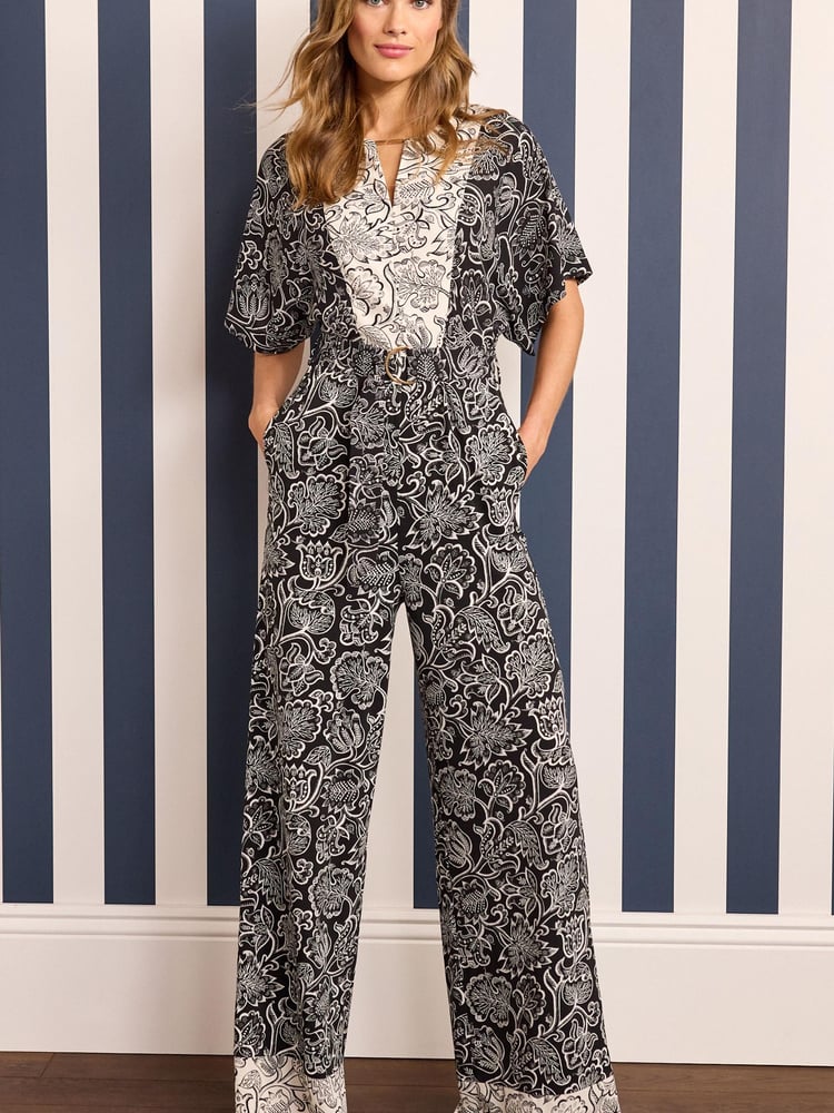 Black/White Wide Leg V-Neck Jumpsuit - Image 1 of 5