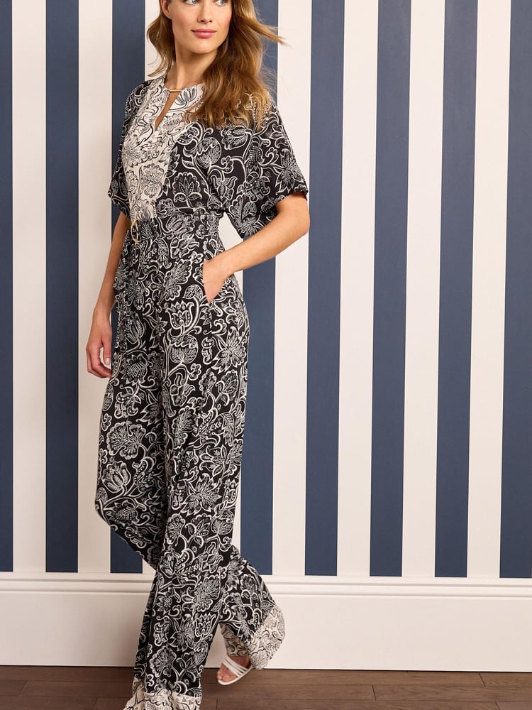 Black/White Wide Leg V-Neck Jumpsuit - Image 2 of 5