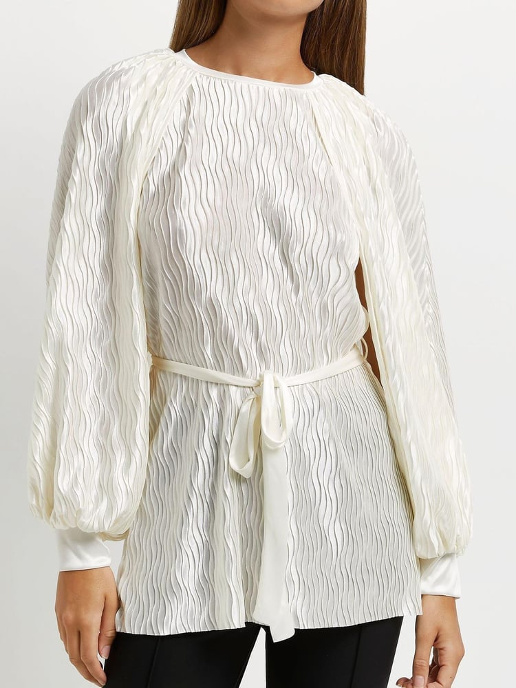 River Island Cream Long Sleeve Belted Volume Slv Top - Image 1 of 5