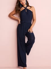 Navy Blue Metallic Halter Neck Sleeveless Jumpsuit - Image 1 of 4