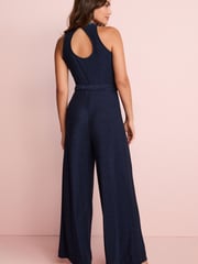 Navy Blue Metallic Halter Neck Sleeveless Jumpsuit - Image 2 of 4