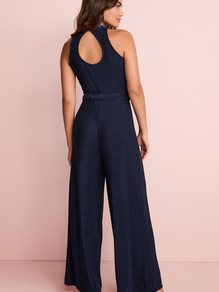 Navy Blue Metallic Halter Neck Sleeveless Jumpsuit - Image 2 of 4