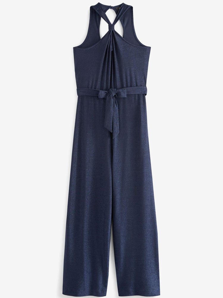 Navy Blue Metallic Halter Neck Sleeveless Jumpsuit - Image 4 of 4