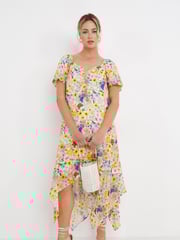 Simply Be Yellow Ruched Front Digi Printed Sunflower Midi Dress - Image 3 of 4