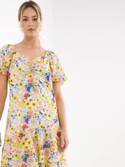 Simply Be Yellow Ruched Front Digi Printed Sunflower Midi Dress - Image 4 of 4