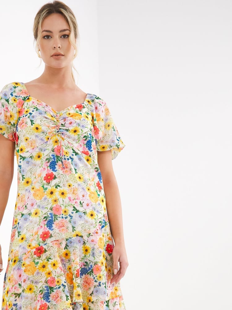 Simply Be Yellow Ruched Front Digi Printed Sunflower Midi Dress - Image 4 of 4