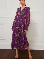 Preen Purple Floral Stripe Wrap Midi Dress - Image 1 of 5