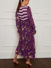 Preen Purple Floral Stripe Wrap Midi Dress - Image 2 of 5