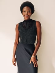 Black Cropped Lace Knit Top - Image 1 of 6
