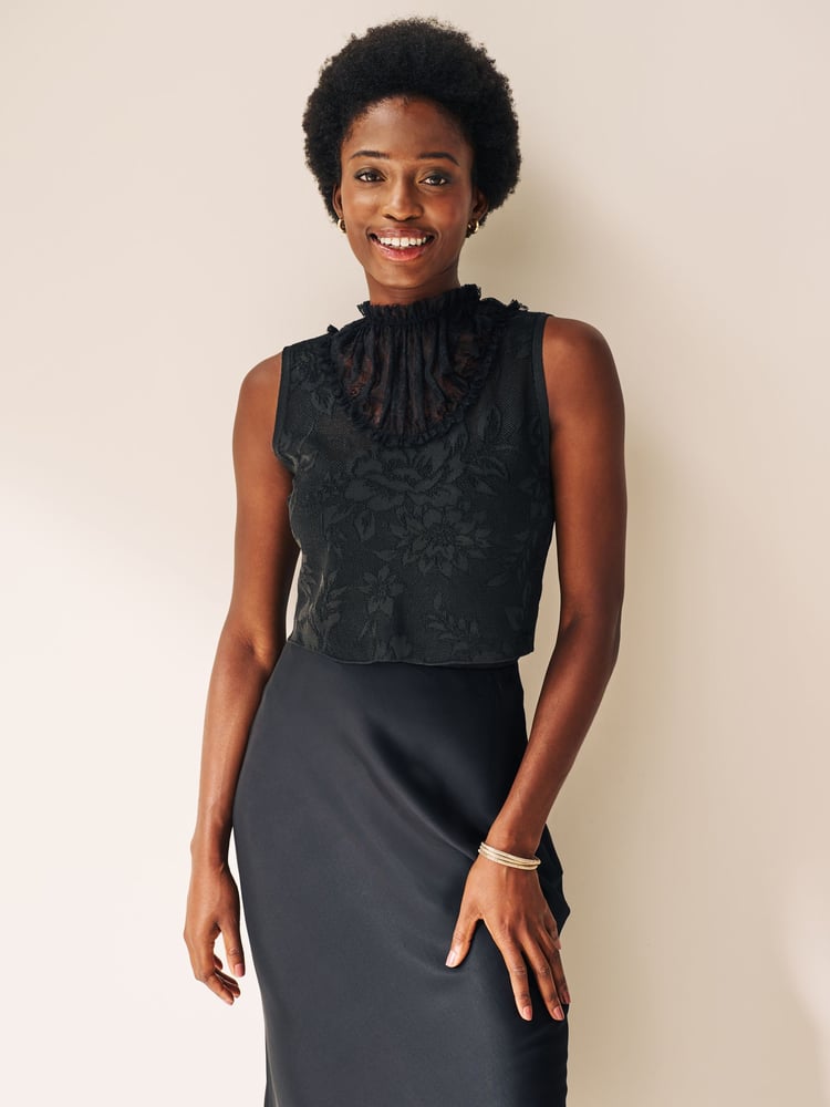 Black Cropped Lace Knit Top - Image 1 of 6