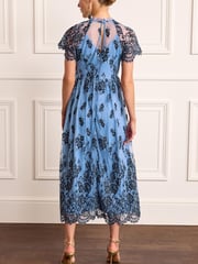 Blue/Black Floral Lace High Neck Short Sleeve Midi Dress - Image 3 of 5