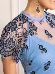 Blue/Black Floral Lace High Neck Short Sleeve Midi Dress - Image 4 of 5
