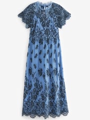 Blue/Black Floral Lace High Neck Short Sleeve Midi Dress - Image 5 of 5