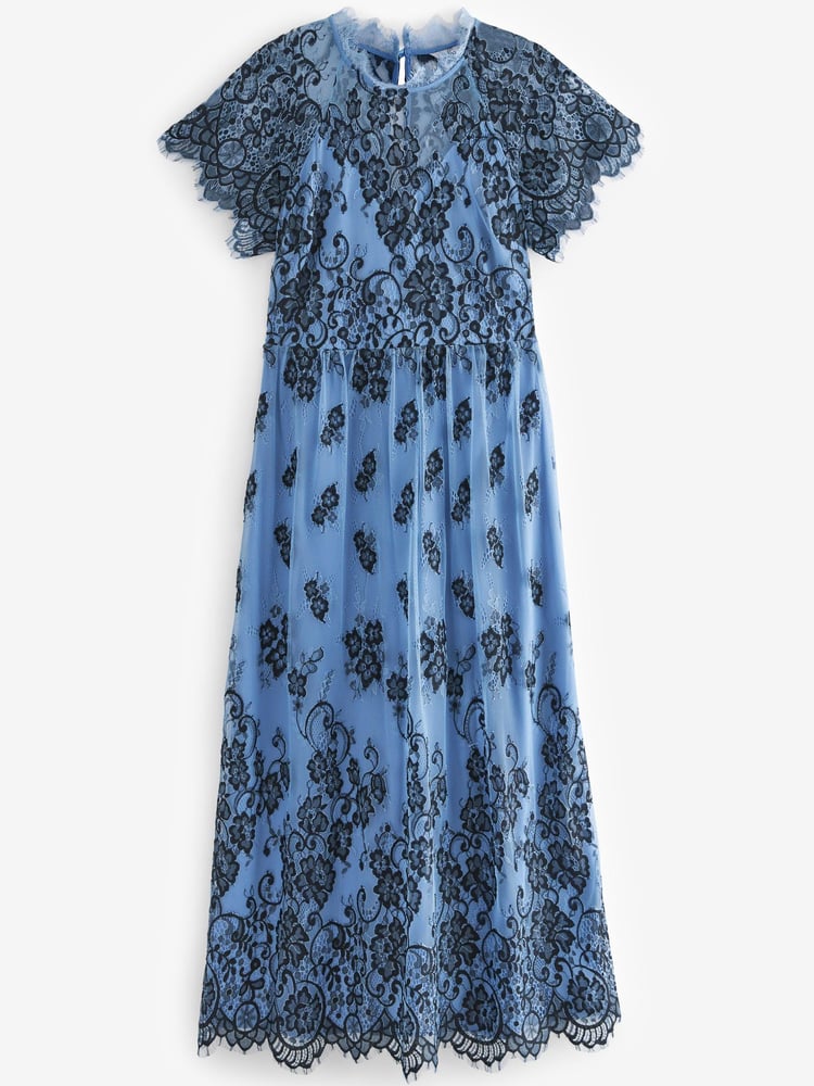 Blue/Black Floral Lace High Neck Short Sleeve Midi Dress - Image 5 of 5