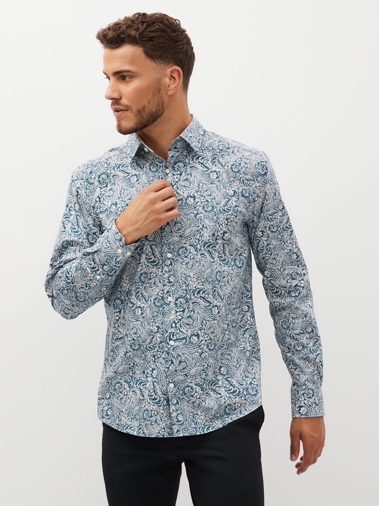 Neutral/Blue Paisley Regular Fit Printed Trimmed Shirt - Image 1 of 7