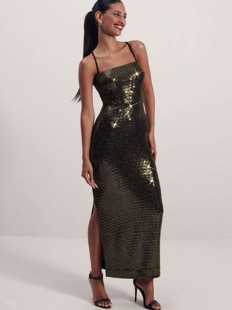 Gold Sequin Midi Dress - Image 1 of 6