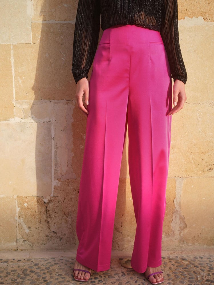Pink Satin Super Wide Leg Trousers - Image 1 of 4 Pink Satin Super Wide Leg Trousers - Image 1 of 4