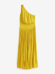 Yellow Satin One Shoulder Pleated Midi Dress - Image 1 of 1