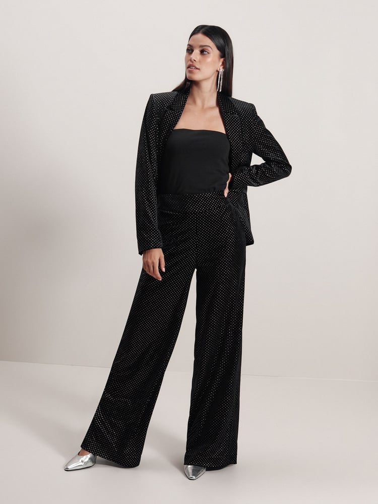 Black Tailored Velvet Embellished Wide Leg Trousers - Image 1 of 7