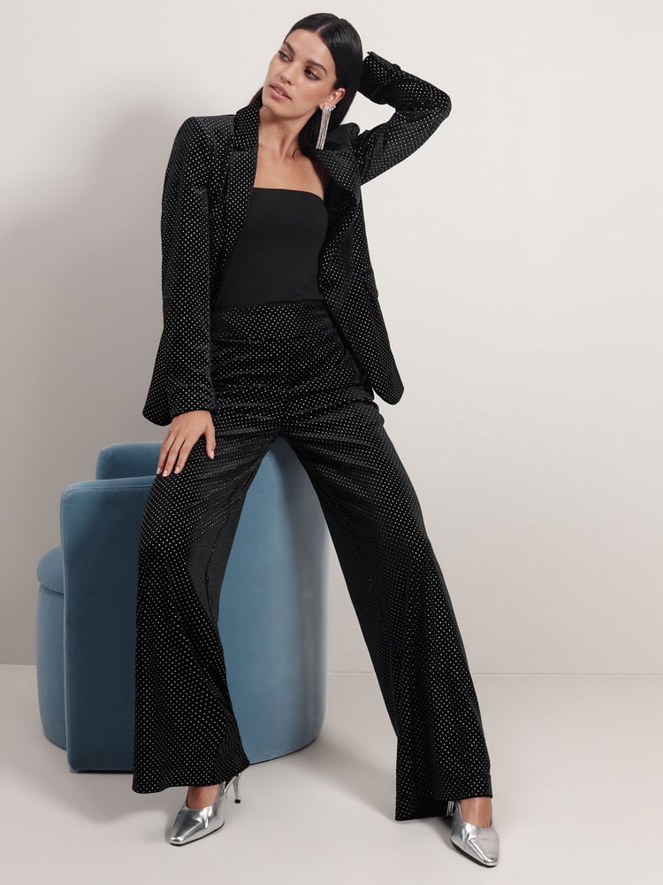Black Tailored Velvet Embellished Wide Leg Trousers - Image 2 of 7