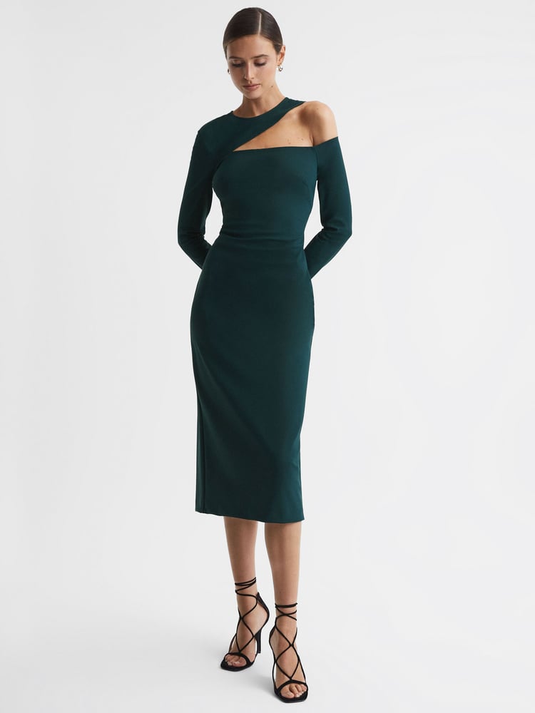 Reiss Teal Tiffany Bodycon Off-The-Shoulder Midi Dress - Image 1 of 5