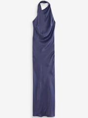Navy Blue Satin Halter Neck Midi Dress - Image 1 of 1
