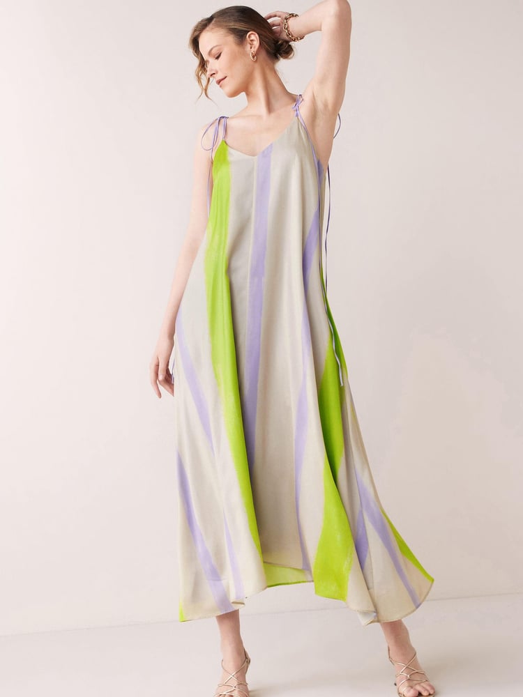 Multi Bright Satin Painterly Stripe Print Midi Slip Dress - Image 1 of 3