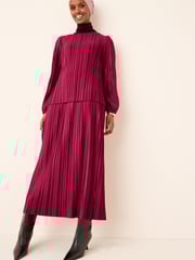 Raspberry Pink Satin Plissé Layered Longline Dress - Image 1 of 9