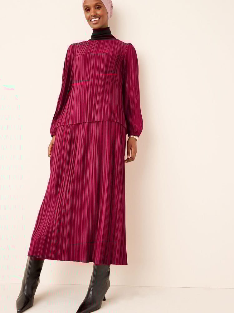 Raspberry Pink Satin Plissé Layered Longline Dress - Image 1 of 9