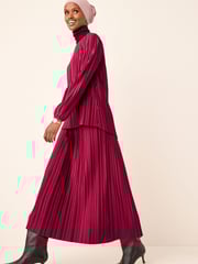 Raspberry Pink Satin Plissé Layered Longline Dress - Image 2 of 9