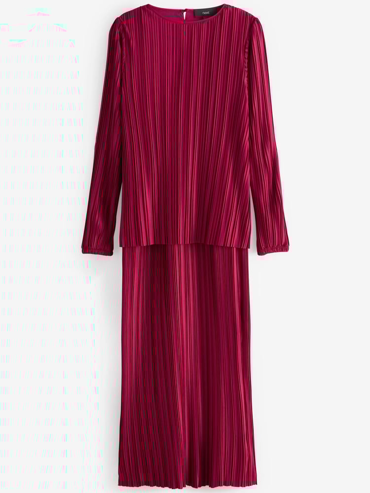 Raspberry Pink Satin Plissé Layered Longline Dress - Image 9 of 9