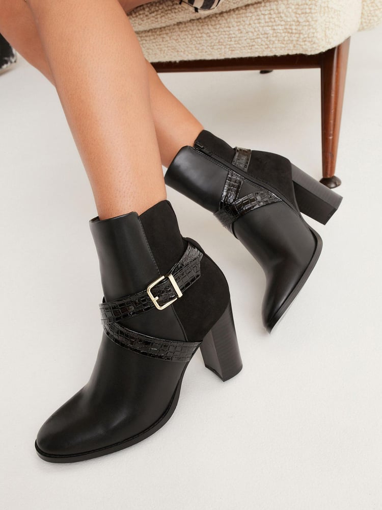 Black Forever Comfort® Buckle Detail Heeled Ankle Boots - Image 1 of 8